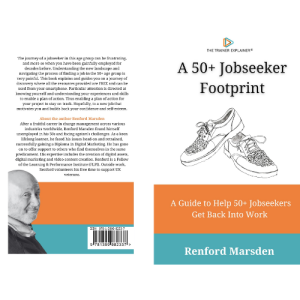 Cover of a book titled A 50+ Jobseeker Footprint by Renford Marsden. It features a pair of sneakers on the front cover and a photo of an older man on the back. The back cover includes a brief description and barcode.