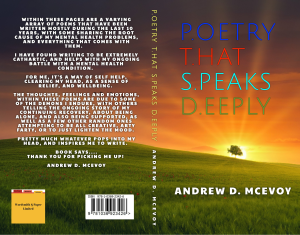 The front and back cover of the book Poetry That Speaks Deeply by Andrew D. McEvoy, featuring a colorful sunset over a grassy field with a single tree in the background.