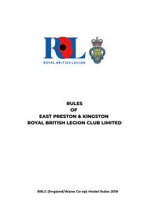 Cover page displaying the Royal British Legion logo, a crest, and bold text: Rules of East Preston & Kingston Royal British Legion Club Limited. Footer shows: RBLC (England/Wales Co-op) Model Rules 2019.